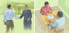Ένας άντρας πηγαίνει στη συνάθροιση σε μια Αίθουσα Βασιλείας και μελετάει την Αγία Γραφή με έναν Μάρτυρα του Ιεχωβά