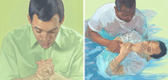 A man makes his dedication to Jehovah in prayer and later is baptized