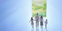 Perhe kävelee paratiisia kohti