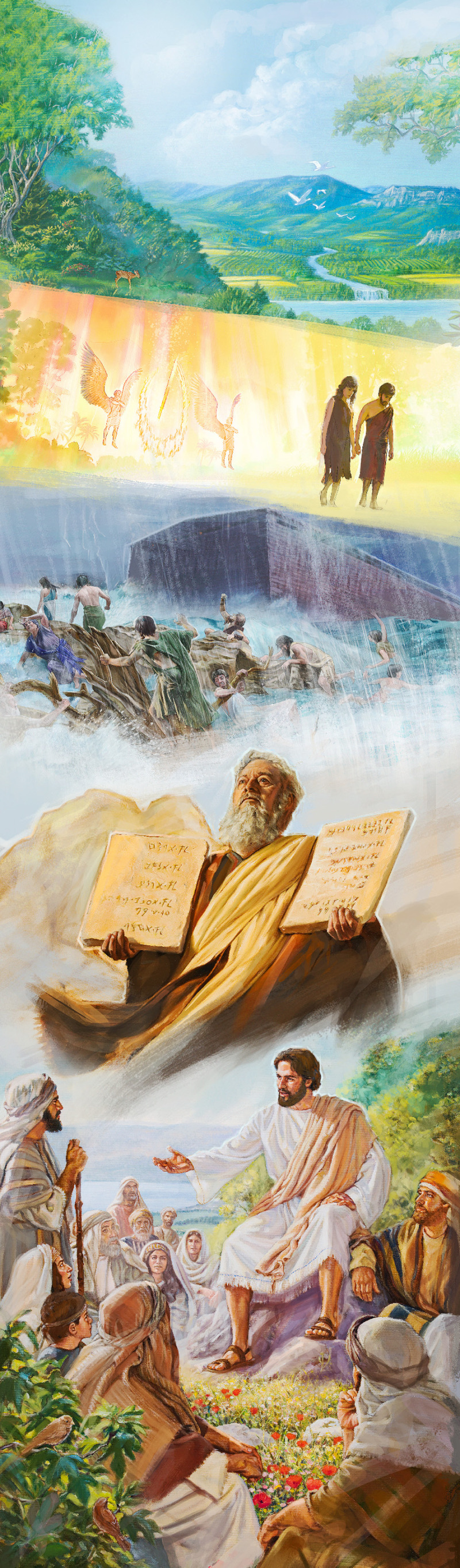 El Paraíso original, Adán y Eva echados del Paraíso, el Diluvio de los días de Noé, Moisés con los Diez Mandamientos y Jesús enseñando a otros.