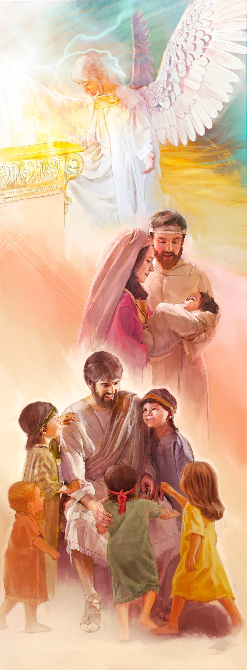 1. Jesus in heaven; 2. Baby Jesus with Mary and Joseph; 3. Jesus teaching children