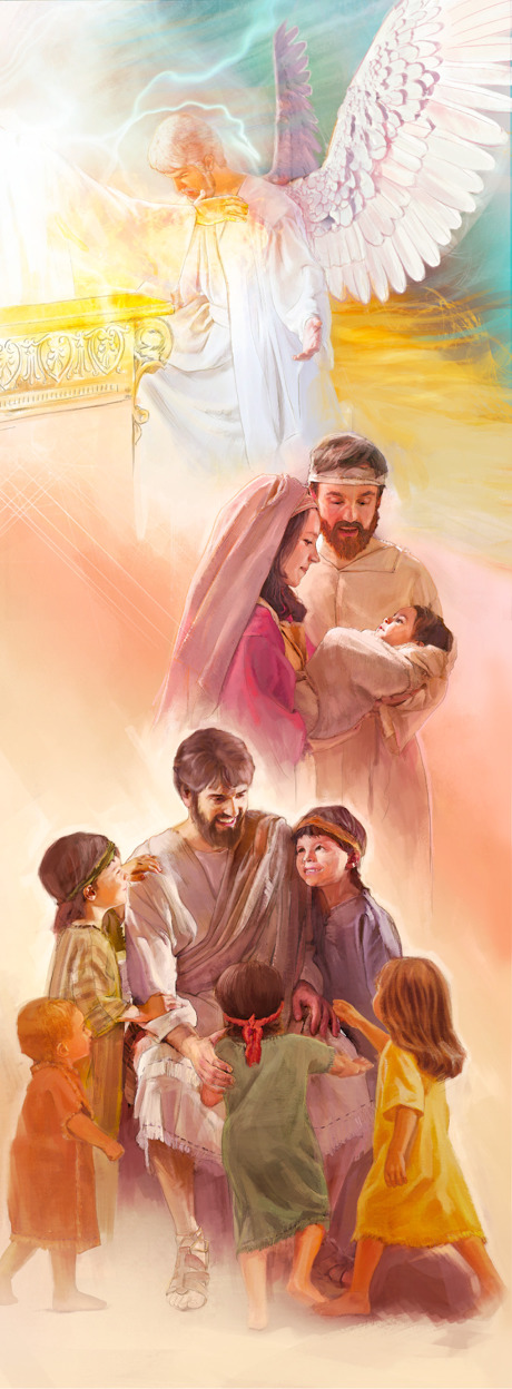 1. Jesús en el cielo; 2. Jesús de bebé con José y María; 3. Jesús enseñando a niños