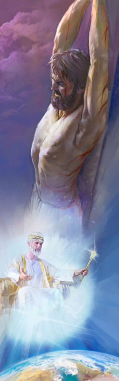 Jésus agonisant sur un poteau de supplice, puis Roi au ciel après avoir été ressuscité