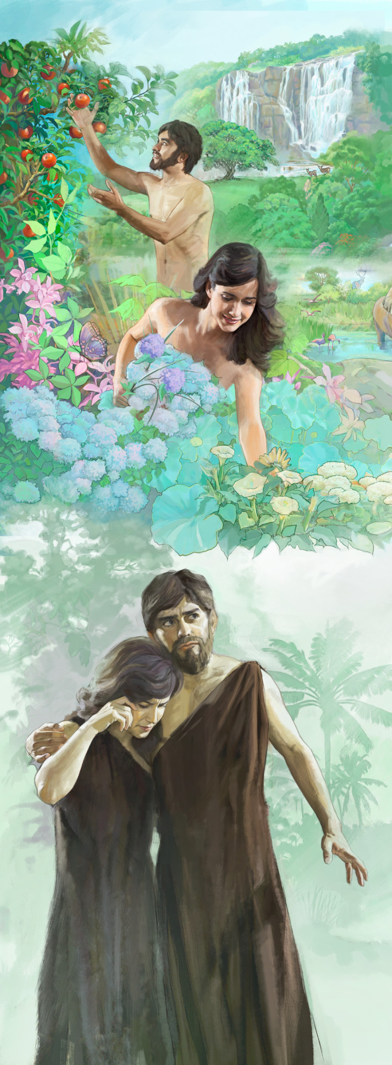 Adamo ed Eva nel giardino di Eden e poi cacciati dal giardino