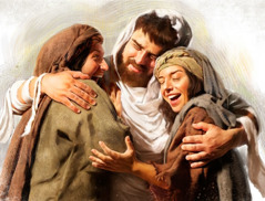 Depois de ressuscitado, Lázaro é abraçado pelas suas irmãs Marta e Maria