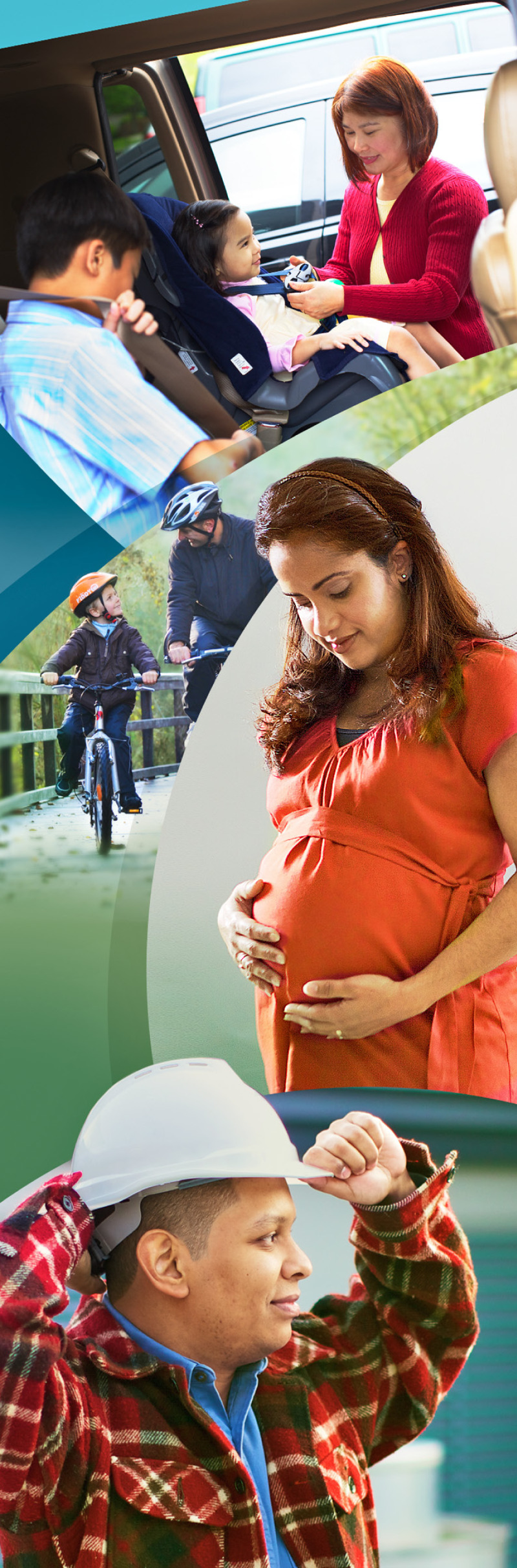 Princípios bíblicos em ação: Mãe coloca cinto de segurança em seus filhos; Pai e filho usam capacete pra andar de bicicleta; uma mulher grávida, trabalhador usando equipamento de segurança.