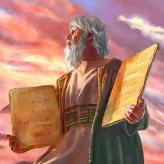 Moses holds the two stone tablets with the Ten Commandments