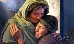Pogrążone w żałobie Rut i Noemi obejmują się