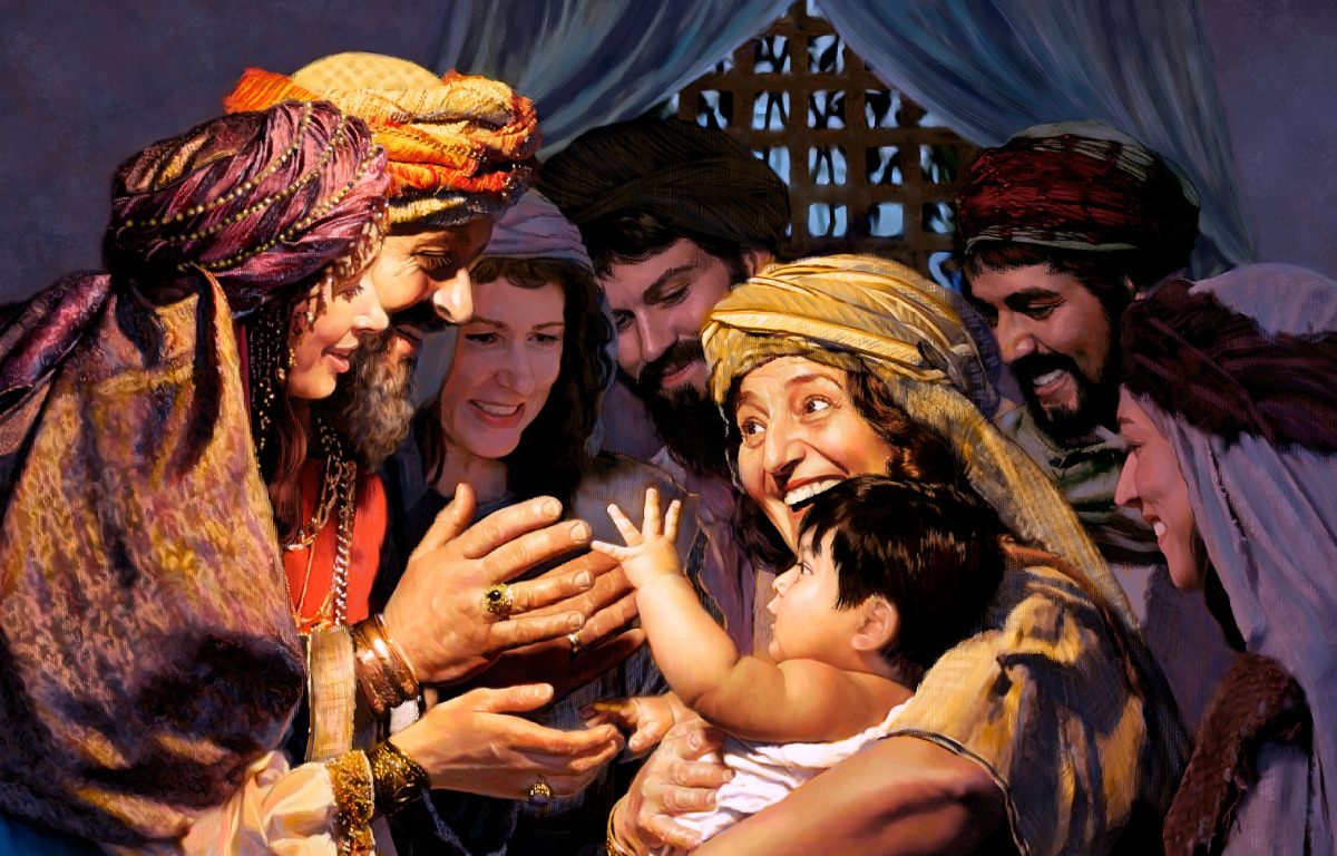 Noemi segurando o filho de Rute e Boaz enquanto outros observam