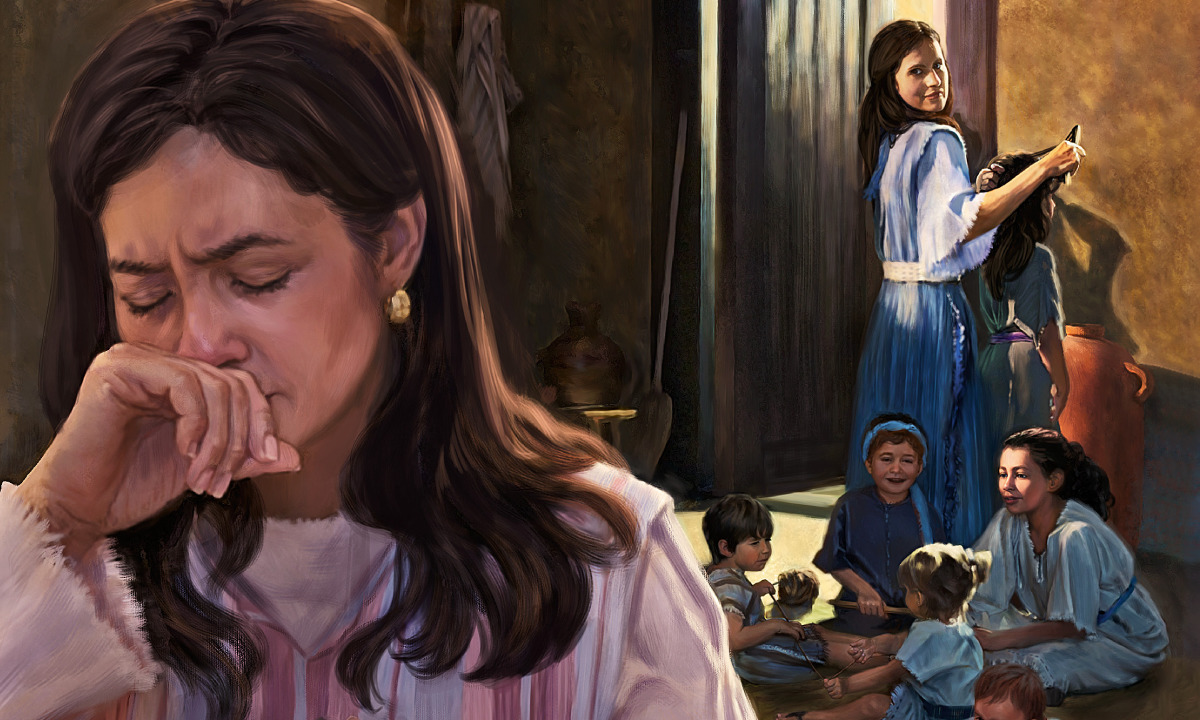 Penina, cercada por seus filhos, olhando de modo convencido para Ana, que está chorando