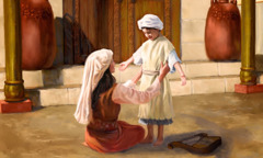 Hanna pukee hihatonta vaatetta tabernaakkelissa pienen Samuelin ylle.