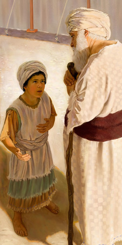 యువకుడైన సమూయేలు ఏలీకి యెహోవా తీర్పు స౦దేశాన్ని  చెబుతున్నాడు