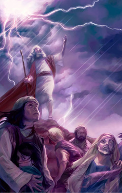 O idoso Samuel, cercado por pessoas apavoradas, olhando para o céu durante uma tempestade