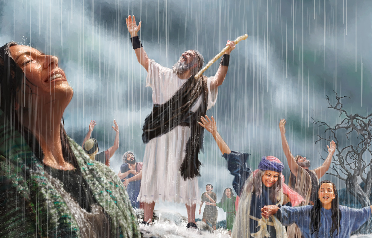 O profeta Elias e outros israelitas se alegram com a chuva forte