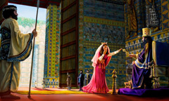 Queen Esther approaches King Ahasuerus’ throne as he extends his golden scepter