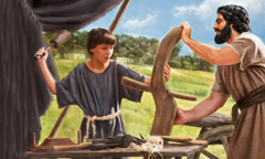 Joseph training Jesus to become a carpenter