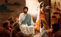 María sentada a los pies de Jesús escuchándolo mientras Marta, frustrada, prepara a toda prisa la comida