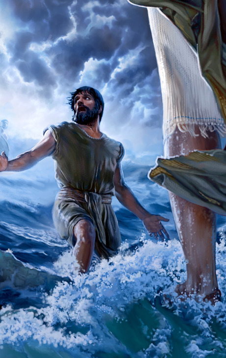 Ao caminhar sobre as águas em direção a Jesus, Pedro se desconcentra por causa do medo e da dúvida, e começa a afundar