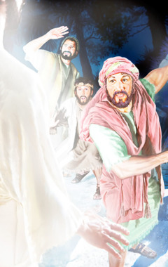 पतरस, याकूब और यूहन्‍ना दर्शन में यीशु का रूप बदलते हुए देख रहे हैं