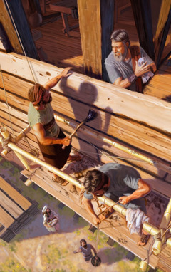 Noe şi familia sa colaborează la construirea arcei