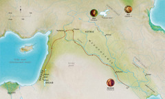 Mapa biblických zemí s vyznačením míst, která se vztahují k Abelovi, Noemovi a Abrahamovi
