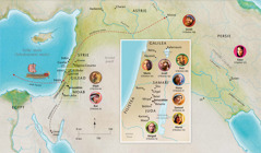 Mapa biblických zemí s vyznačením míst, která se vztahují k Haně, Samuelovi, Abigail, Elijášovi, Marii s Josefem, Ježíšovi, Martě a Petrovi