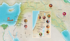 Map of Bible lands related to the lives of Hannah, Samuel, Abigail, Elijah, Mary and Joseph, Jesus, Martha, and Peter