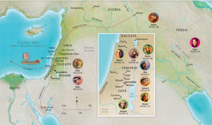 Mapa das terras onde se passaram os relatos bíblicos dos servos fiéis: Ana, Samuel, Abigail, Elias, Maria e José, Jesus, Marta, e Pedro