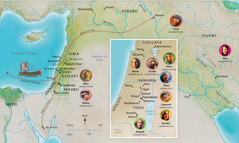 Map of Bible lands related to the lives of Hannah, Samuel, Abigail, Elijah, Mary and Joseph, Jesus, Martha, and Peter