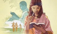 Мушкарац и жена читају Библију; срећна породица ужива у природи