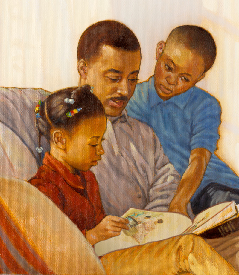 A father reading Bible stories with his son and daughter
