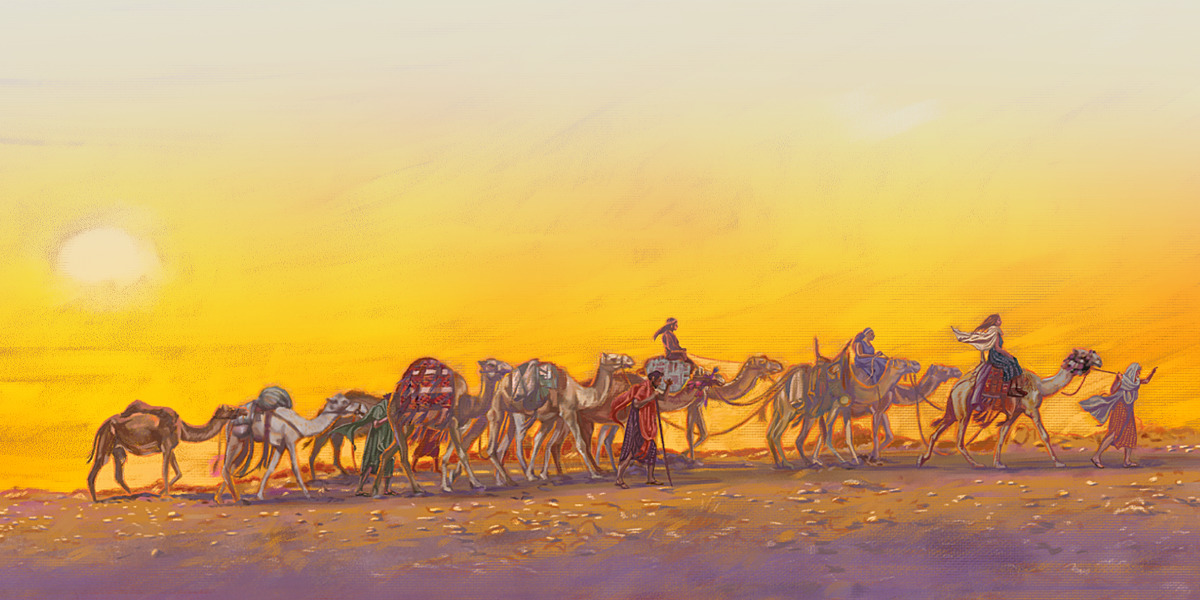 אליעזר, רבקה, המשרתים ועשרה גמלים במסע ארוך לכנען