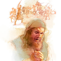 Jephthah praying to Jehovah while the Israelite army is fighting against their enemies
