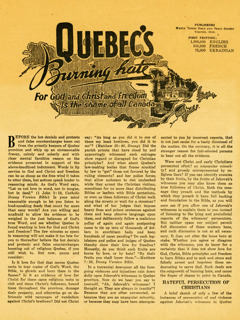 Couverture du tract intitulé La haine ardente du Québec pour Dieu, pour Christ et pour la liberté, est un sujet de honte pour tout le Canada