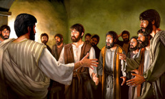 Jesus erscheint nach seiner Auferstehung den Jüngern in einem Raum, in dem sie sich versammelt haben