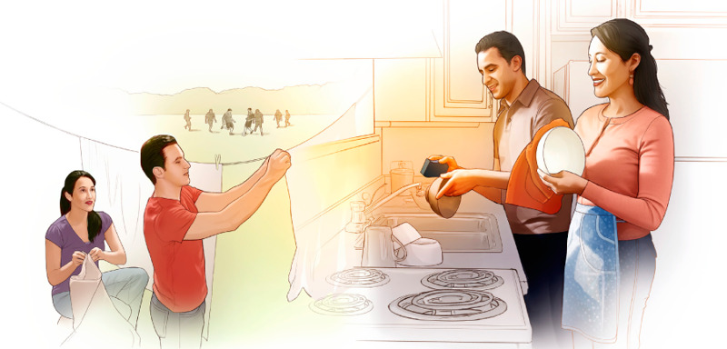 Um casal fazendo tarefas juntos, lavam a roupa e a louça
