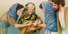 Élisabeth montre son nouveau-né à ses proches