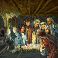 Mary, Joseph, and the shepherds look at baby Jesus lying in the manger