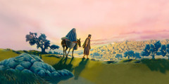 María va sentada en un burro mientras José guía al animal hacia Belén