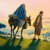 Maria sitter på en åsna medan Josef leder dem till Betlehem