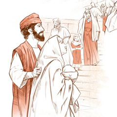 Joseph und Maria gehen mit dem kleinen Jesus zum Tempel, um das Reinigungsopfer darzubringen