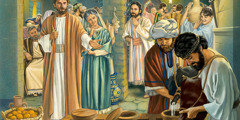 Auf einer Hochzeitsfeier in Kana weist Jesus einige Diener an, Wasser in Krüge zu füllen