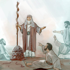 Los israelitas que han recibido la mordedura de las serpientes venenosas miran a la serpiente de cobre de Moisés para seguir viviendo