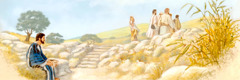 Jesus ruht sich an einem Brunnen aus, während seine Jünger weggehen; eine samaritische Frau kommt, um Wasser zu holen