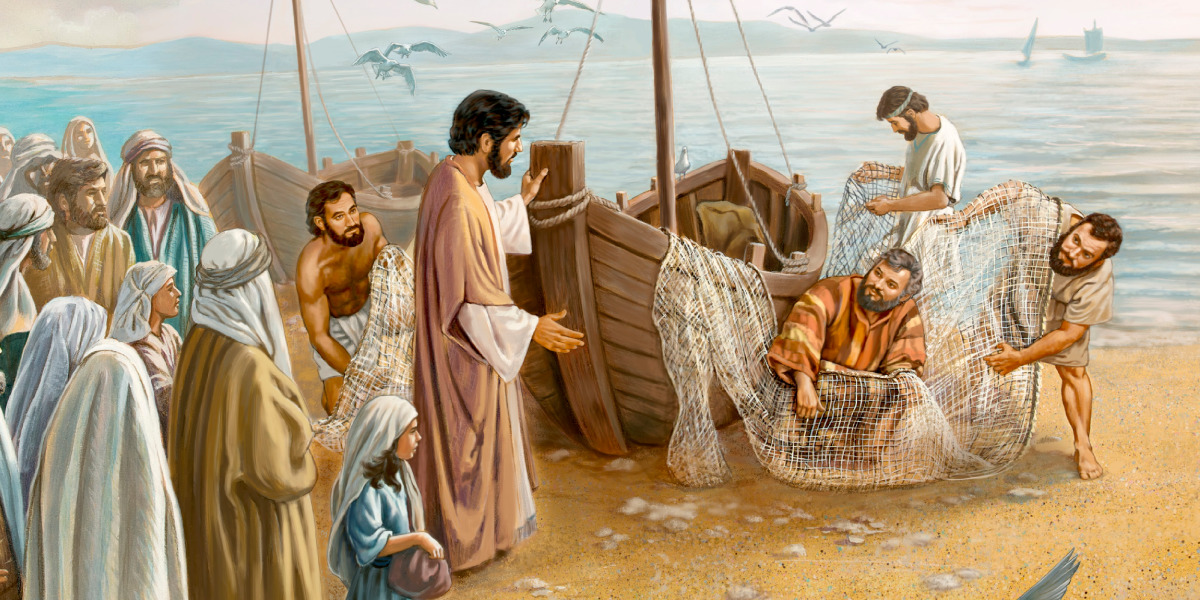 Jésus parle à Pierre, à André, à Jacques et à Jean au bord de la mer de Galilée