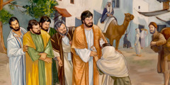 Jesús toca a un leproso que se arrodilla delante de él