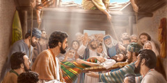 رجل مشلول يُدلَّى الى يسوع من فتحة في السطح