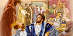 Pharisees look on as Jesus dines with tax collectors and sinners at Matthew’s house