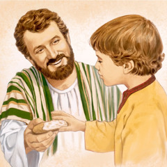 A man gives his son a piece of bread