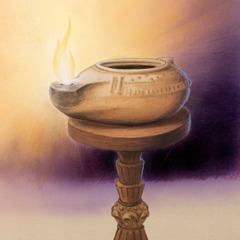 Eine brennende Lampe auf einem Lampenständer